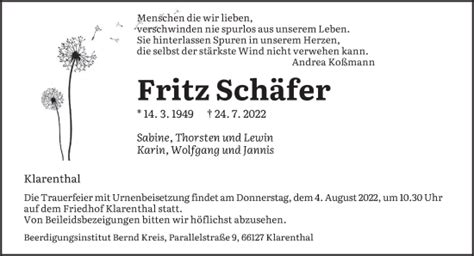 Traueranzeigen von Fritz Schäfer Saarbruecker Zeitung Trauer de