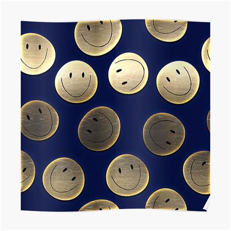 Happy Vintage Gold Metallic Smiley Faces Pattern Indigo Background