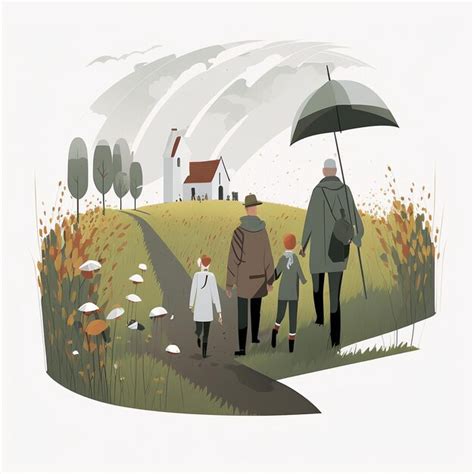 Una ilustración de un hombre y dos niños caminando por un sendero con