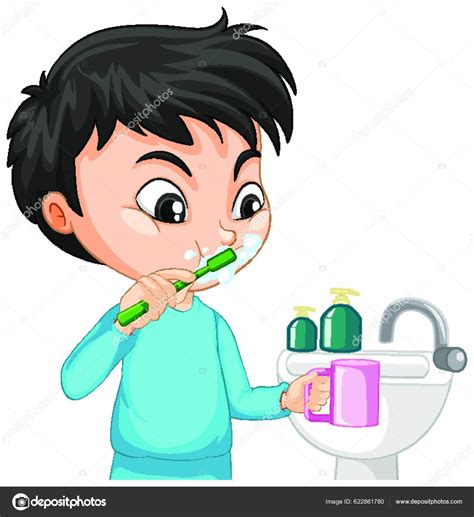 Cartoon Character Aboy Brushing Teeth Water Sink Stock Vector By Yay