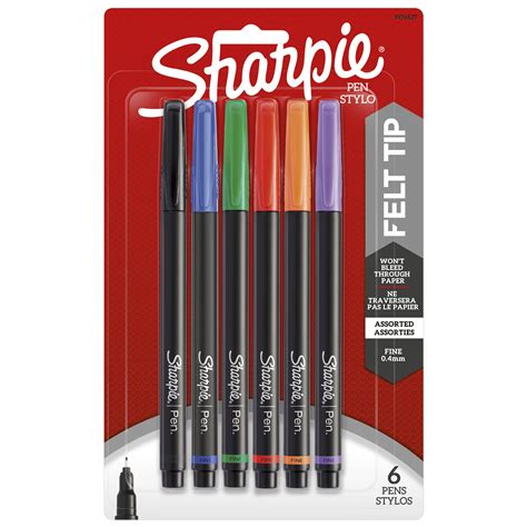 Sharpie Pens Felt Tip Pens Fine Point 04mm Assorted Colors 6