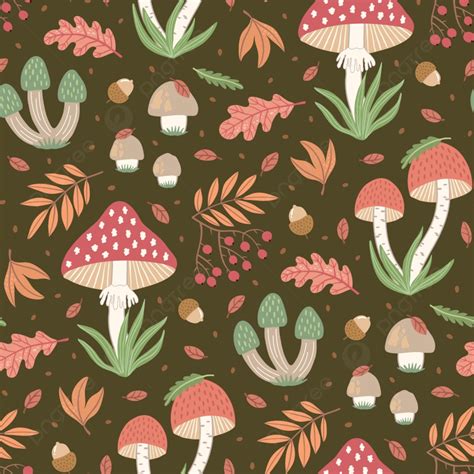 Hand Drawn Seamless Pattern With Wild Mushrooms And Autumn Leaves