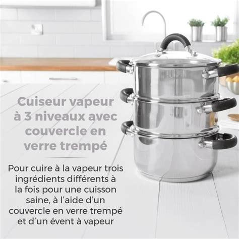 T80836 Essentials Cuiseur Vapeur À Induction À 3 Étages En Inox Avec Couvercle En Verre