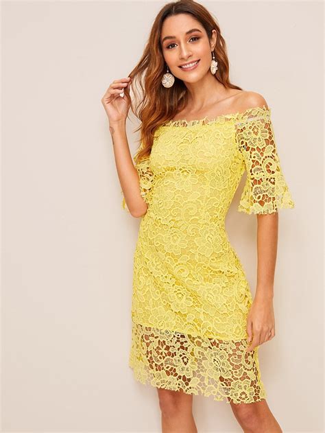 Off Shoulder Guipure Lace Dress Dresses Lace Dress Yellow Lace Dresses