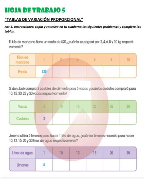 Hoja De Trabajo Tablas De Variaci N Proporcional Act Instrucciones