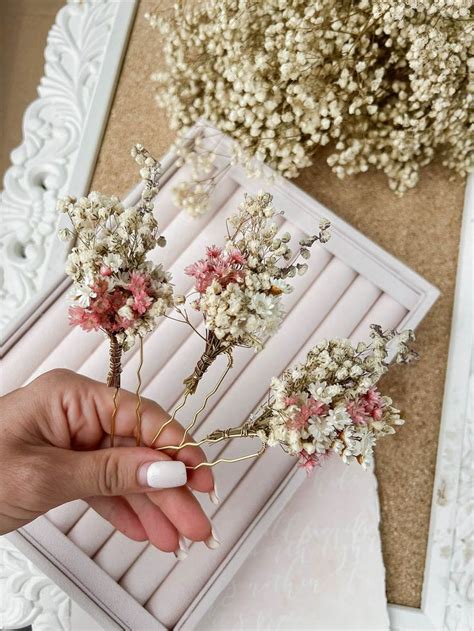 Dried Flower Hair Pins White Pink Boho Wedding Flower Hairpins Bridal