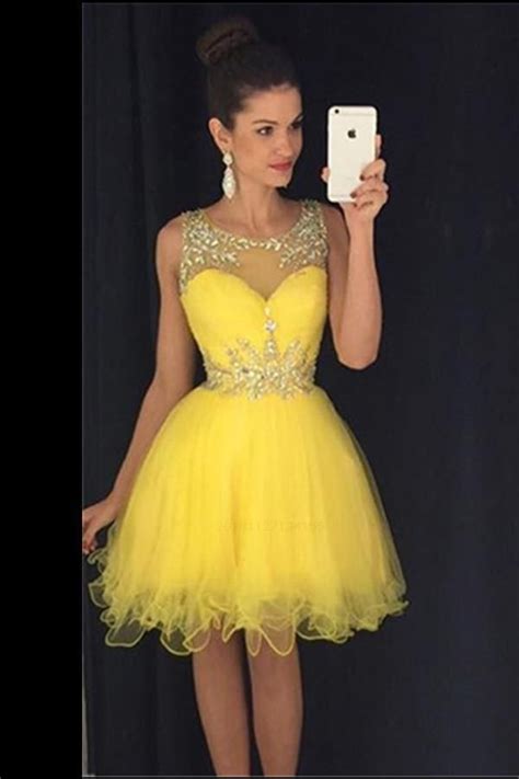 Discount Beautiful Short Prom Dresses Yellow Prom Dresses Sleeveless Homecoming Dresses Cheap