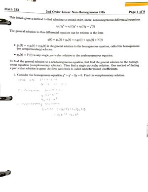 ODE Introduction Ordinary Differential Equations Worksheet MATH