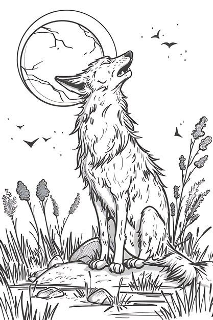 Wolf Howling Coloring Page Line Art Premium Ai Generated Image