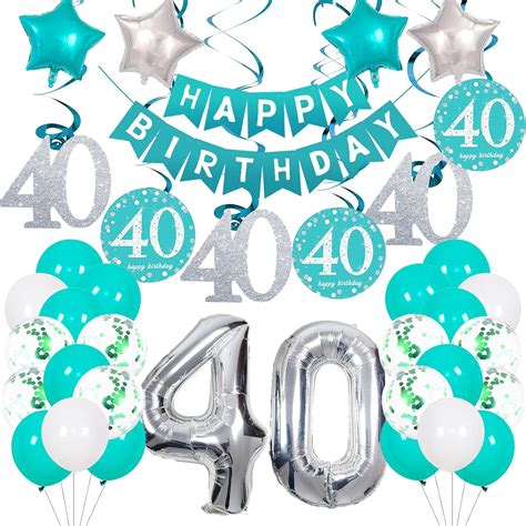 40th Birthday Decorations, Happy 40th Birthday Party Decorations for Women Men Teal Birthday ...