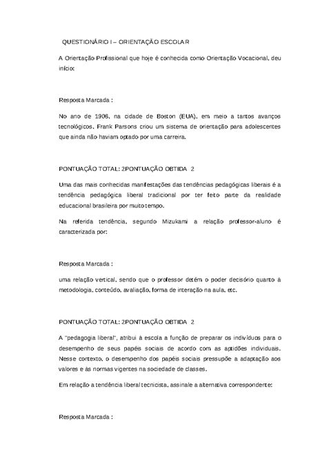 Questionário I Orientação Escolar - QUESTIONÁRIO I – ORIENTAÇÃO ESCOLAR