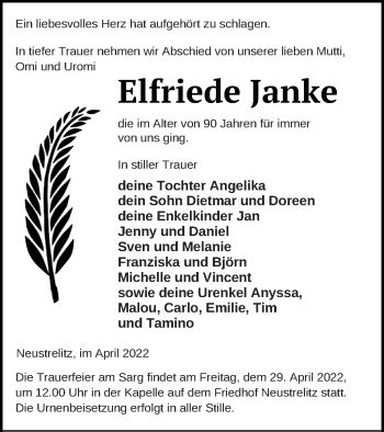 Traueranzeigen Von Elfriede Janke Trauer Nordkurier