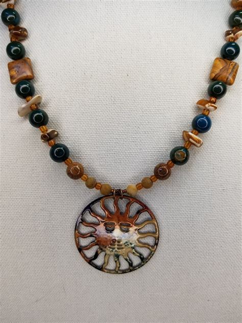 Tiger Skin Jasper Gemstone And Tiger Iron Necklace With Sun Pendant