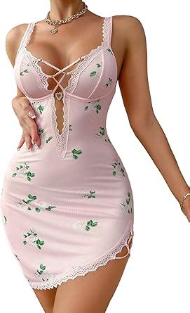 SHENHE Women S Ribbed Deep V Neck Floral Print Lace Trim Sexy Nightgown