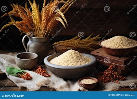 Quinoa Spelt And Millet On Rustic Table Stock Image Image Of Spelt