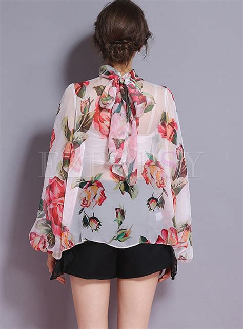 Tops Blouses Bowknot Lantern Sleeve Print Perspective Blouse