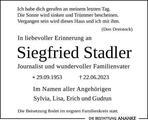 Traueranzeigen Von Siegfried Stadler Trauer Anzeigen De