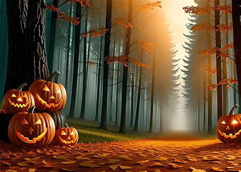 Inside The Forest Decorated For Halloween Background Halloween Forest Pumpskin Background