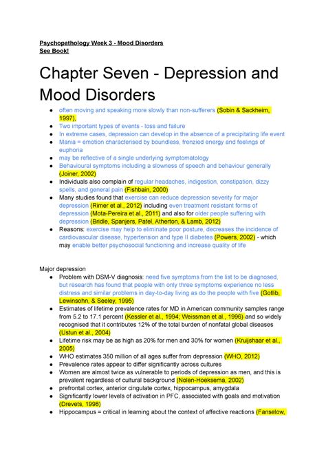 Psychopathology Week 3 Mood Disorders Supplementary Reading Notes Psychopathology Week 3