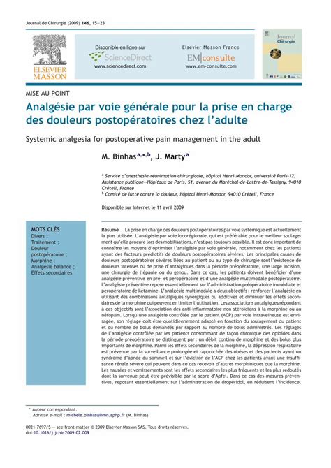 Pdf Analg Sie Par Voie G N Rale Pour La Prise En Charge Des Douleurs