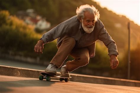 Cool Grey Haired Older Senior Man Skateboarding On Sunset Outdoors