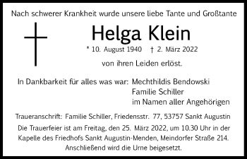 Traueranzeigen Von Helga Klein WirTrauern