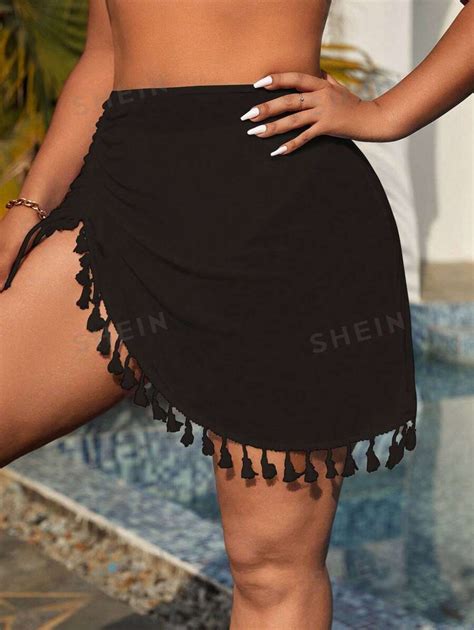 Shein Swim Curve Plus Tassel Trim Drawstring Side Mesh Beach Skirt