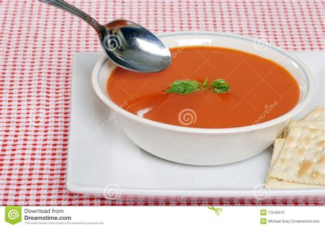 Tomato Soup With Crackers And Basil Stock Image Image Of Salted Crackers 11548475