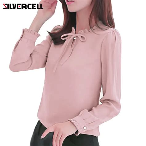 Silvercell V Neck Lace Up Blusas Camisas Das Mulheres Blusa De Chiffon De Manga Comprida Blusa