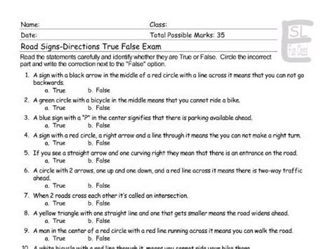 Road Signs Directions True False Exam Teaching Resources