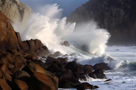 Premium Ai Image Tsunami Waves Crashing Against Rocky Cliff With