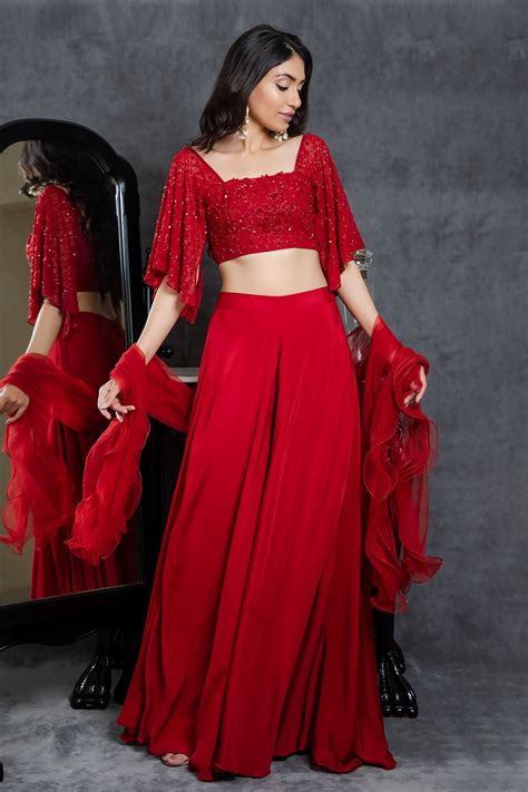 Buy Red Viscose Crepe Hand Embroidered Cutdana Square Blouse Sharara