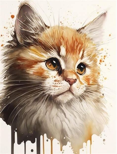 Pintura De Acuarela De Gato Peludo Lindo Primer Plano Foto Premium