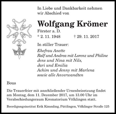 Traueranzeigen von Wolfgang Krömer Saarbruecker Zeitung Trauer de