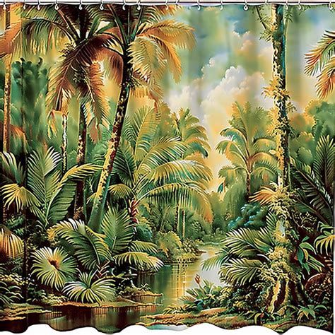 Exotic Oasis Shower Curtain Vibrant Palm Tree Jungle Design Vintage Art