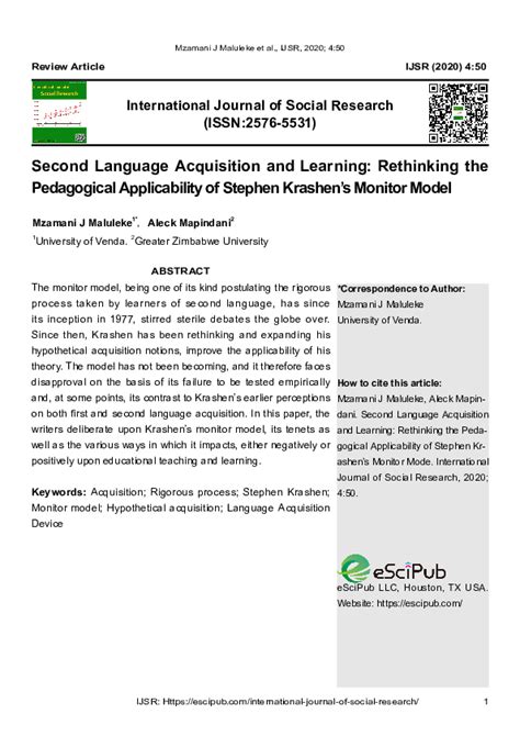 Pdf Second Language Acquisition And Learning Rethinking The Pedagogical Applicability Of