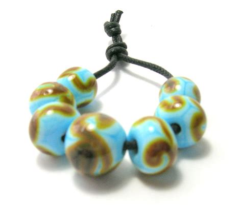 Pale Blue Beads With Brown Swirl Handmade Lampwork Glass Beads Bead