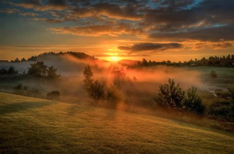 Green mountain, clouds, sunset, mist, trees HD wallpaper | Wallpaper Flare