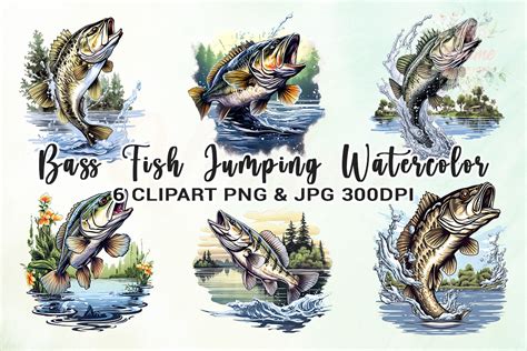 Bass Fish Jumping Watercolor Clipart Illustration Par Venime Creative