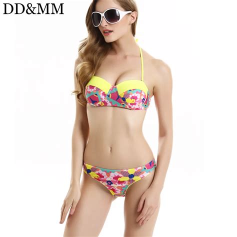 Dd Mm Women Strappy Bikini Swimwear Print Bandeau Halter Bikini Set