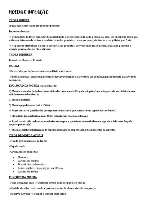 Resumos Eco Moeda E Infla O Troca Direta Trocas Que Eram Feitas