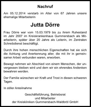 Traueranzeigen von Jutta Dörre WirTrauern