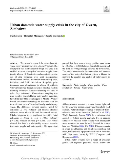 Urban Domestic Water Supply Crisis In The City Of Gweru Zimbabwe