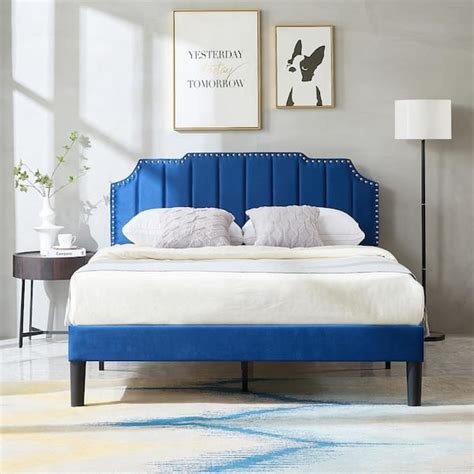 Vecelo Upholstered Bed Blue Metal Wood Frame Queen Platform Bed With