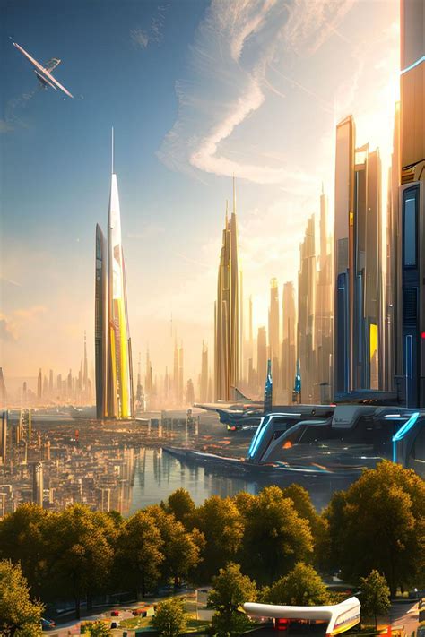 Futuristic Utopian City White Buildings And Large Flying Drones Futuristic City Fantasy City