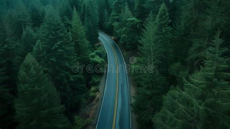 The Road Twists And Turns Through Dense Forests Of Evergreen Trees