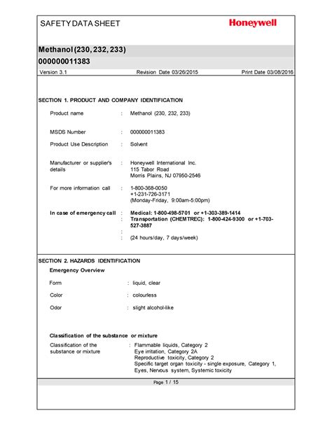 Methanol Sds An Sds For A Substance Is Not Primarily Intended For Use