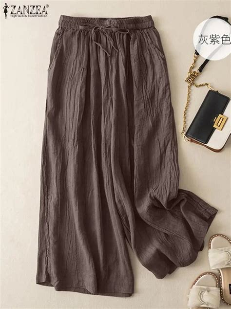 Zanzea Vintage Wide Leg Pants Woman Casual Loose Trousers Autumn Femme