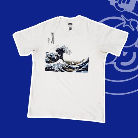 T Shirt Uniqlo Hokusai Blue Kanagawa Wave Putih Fesyen Pria Pakaian