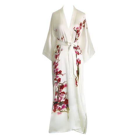 Silk Kimono Long Robe Handpainted Cherry Blossom White